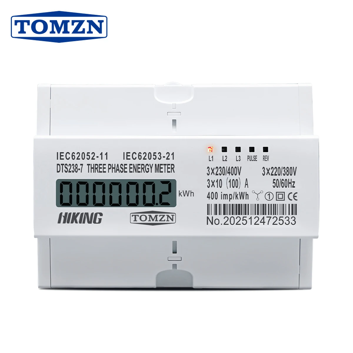 TOMZN 10(100)A 3*220V/380V 3*120V/207V 50Hz 60Hz Trójfazowy licznik energii elektrycznej na szynę DIN, wyświetlacz LCD, pomiar w kWh