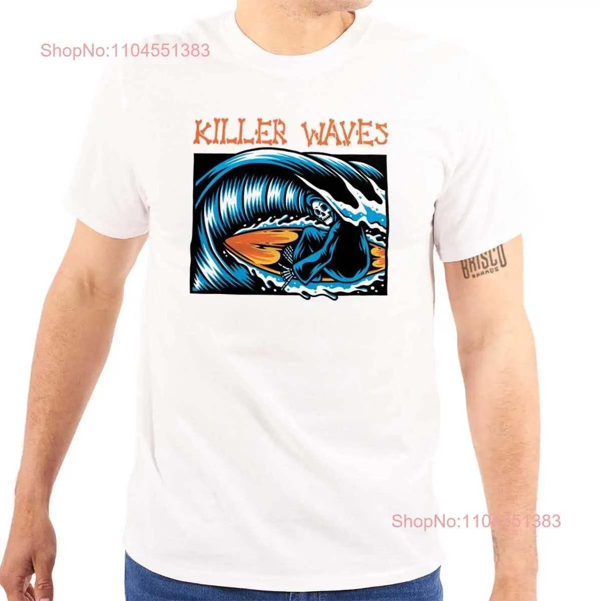 

Funny Surfing Skeleton Reaper Killer Waves Womens or Mens Crewneck T Shirt Tee