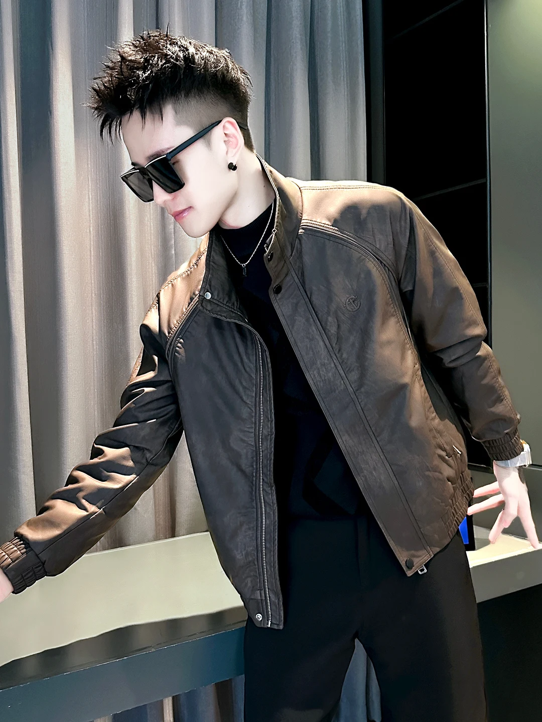 Masculino tie dye couro do plutônio jaet casual sle motocicleta tema primavera outono faion marca bordado high-end sentir novo modelo