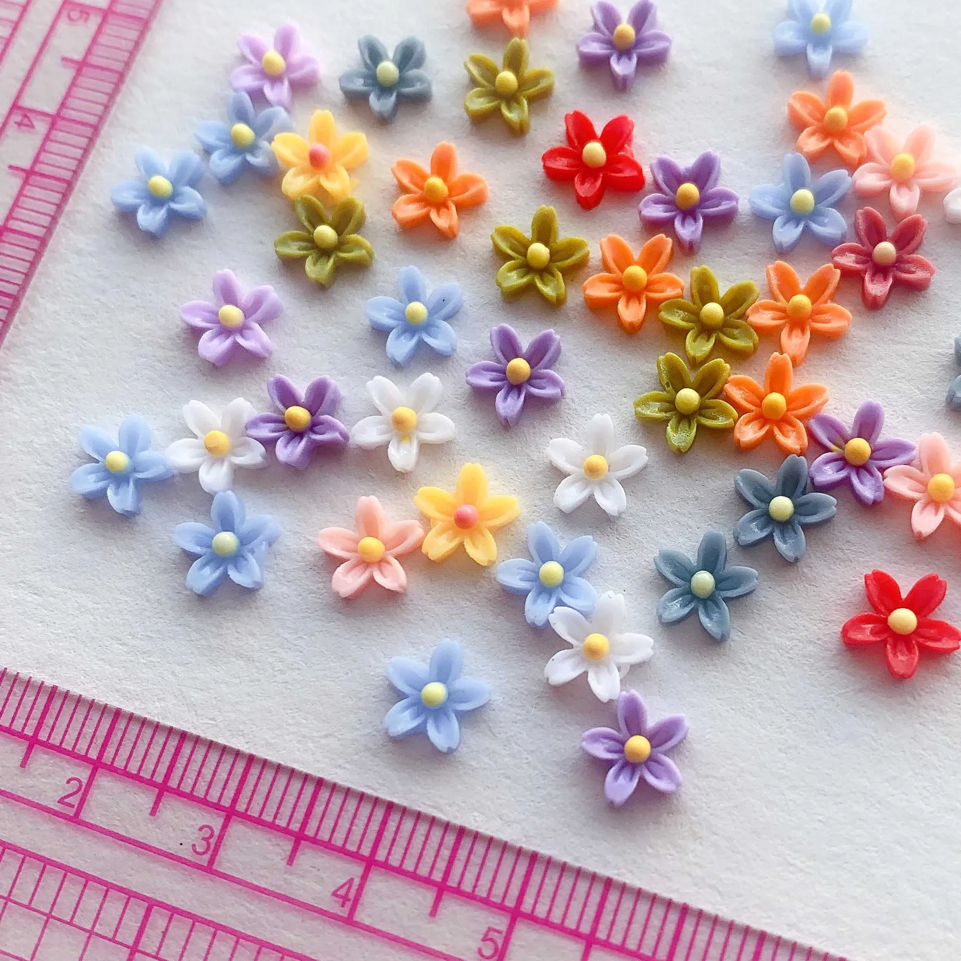 50pcs Mini Five Petal Flower Nail Art Accessories Colorful Flatback Resin Flower Nail Charms DIY 3D Summer Nail Decoration Parts