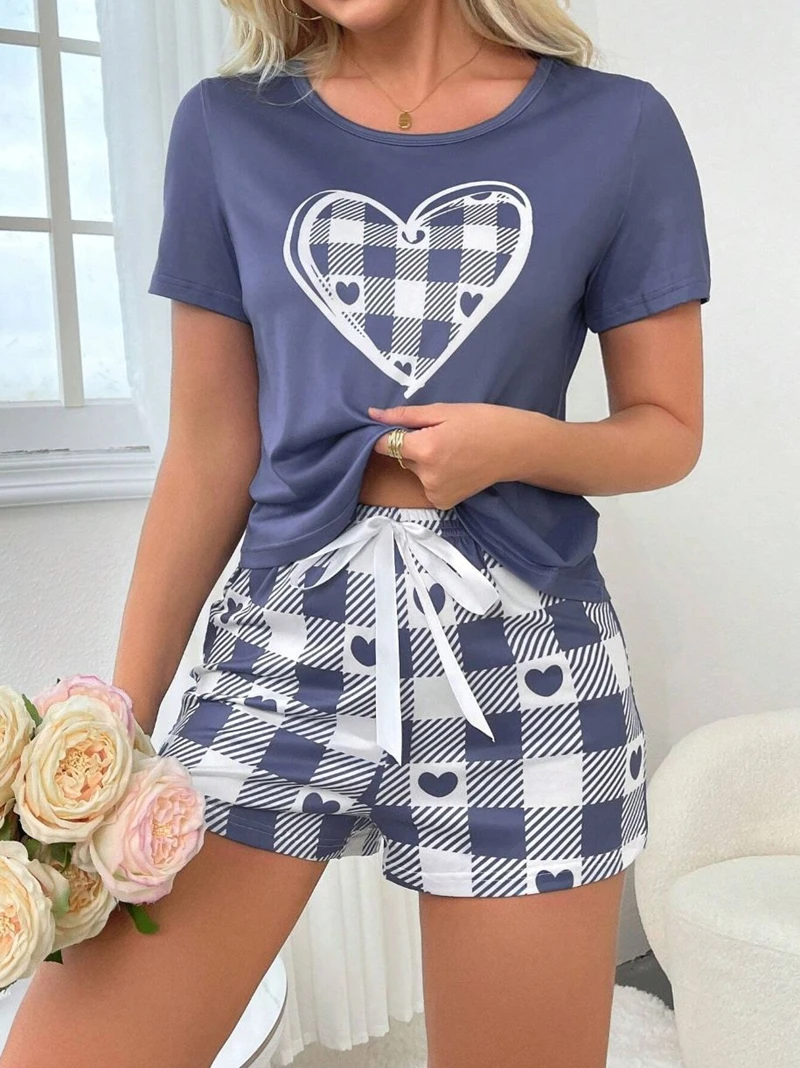 

Casual Heart Plaid Print Pajama Set Short Sleeve Round Neck Tee And Elastic Shorts Breathable Fabric Fit Women's Soft Nightwear