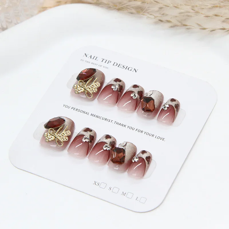 10Pcs French Cat Eye Acrylic Fake Nail Wearable Ladder Handmade Press on Nails Set Decorated with Crystal&Rhinestones Nail Tips