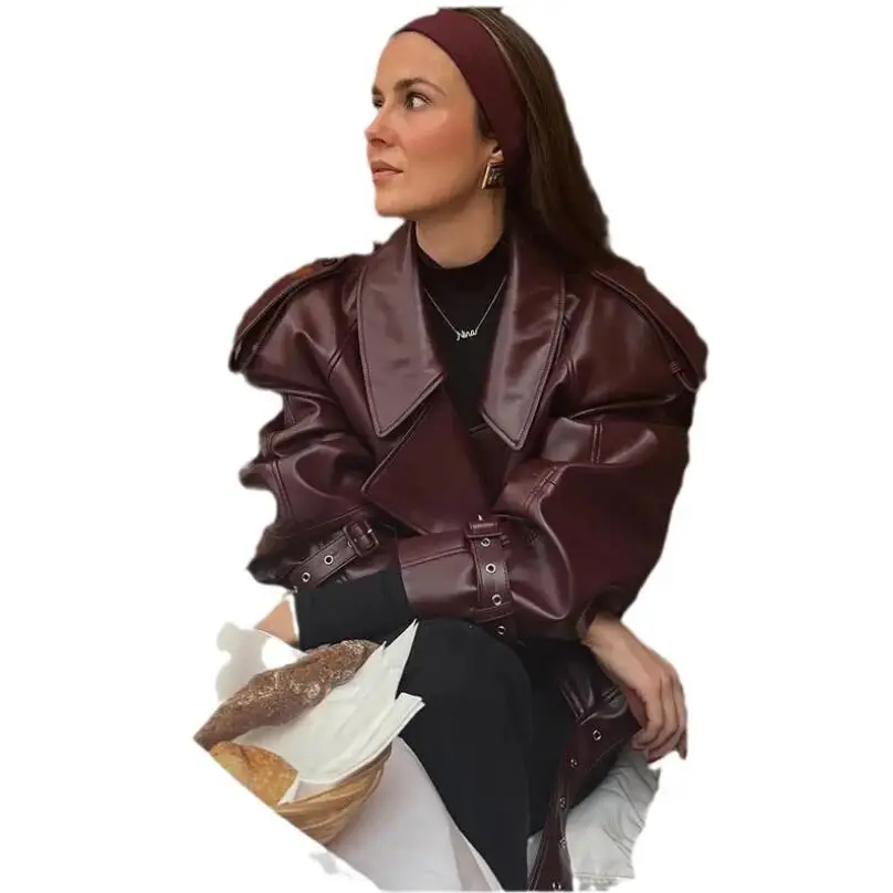 Elegant Wine Red Cropped Leather Jacket Women Fashion Turn-down Collared Long Sleeve Coat 2024 Autumn Streetwear Outfit p1316