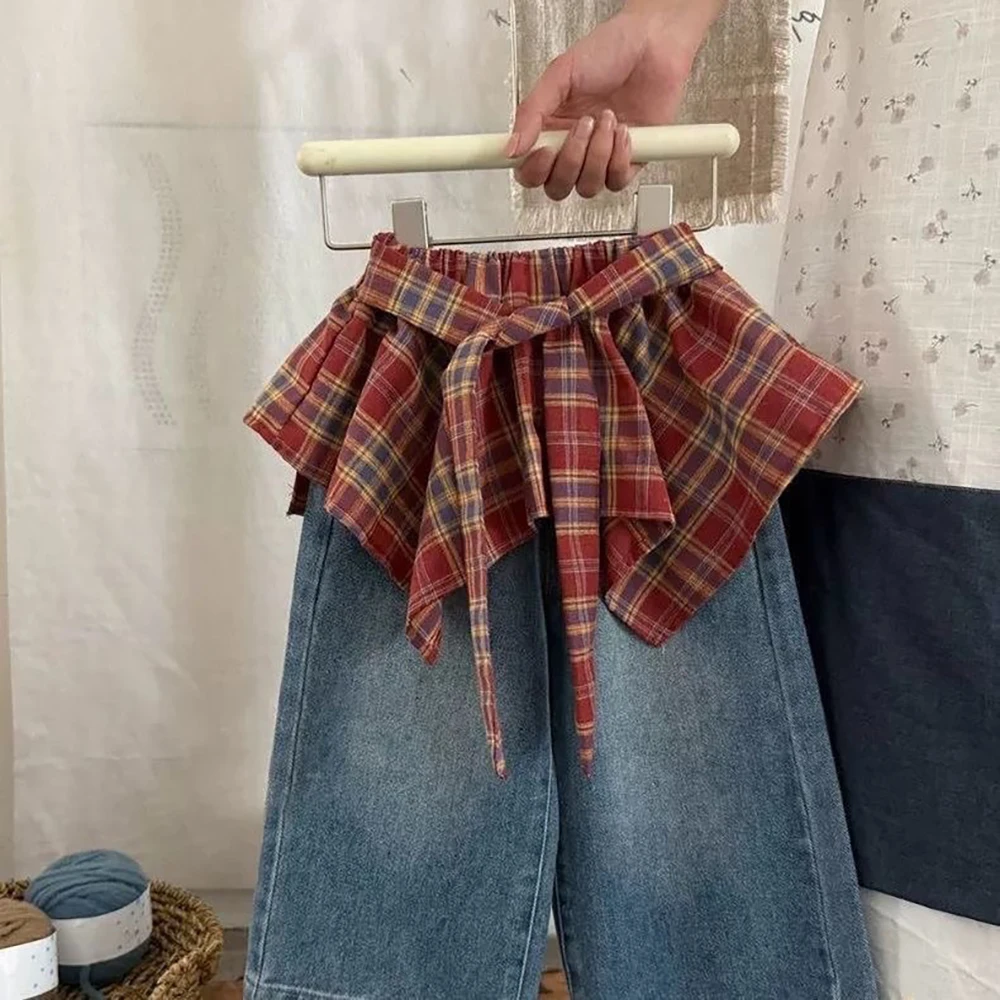 MILANCEL Kids Pants 2-9T Children Pants Autumn Jeans for Girls Red Grid Pattern Girls' Jeans Loose Kids' Pants and Jeans