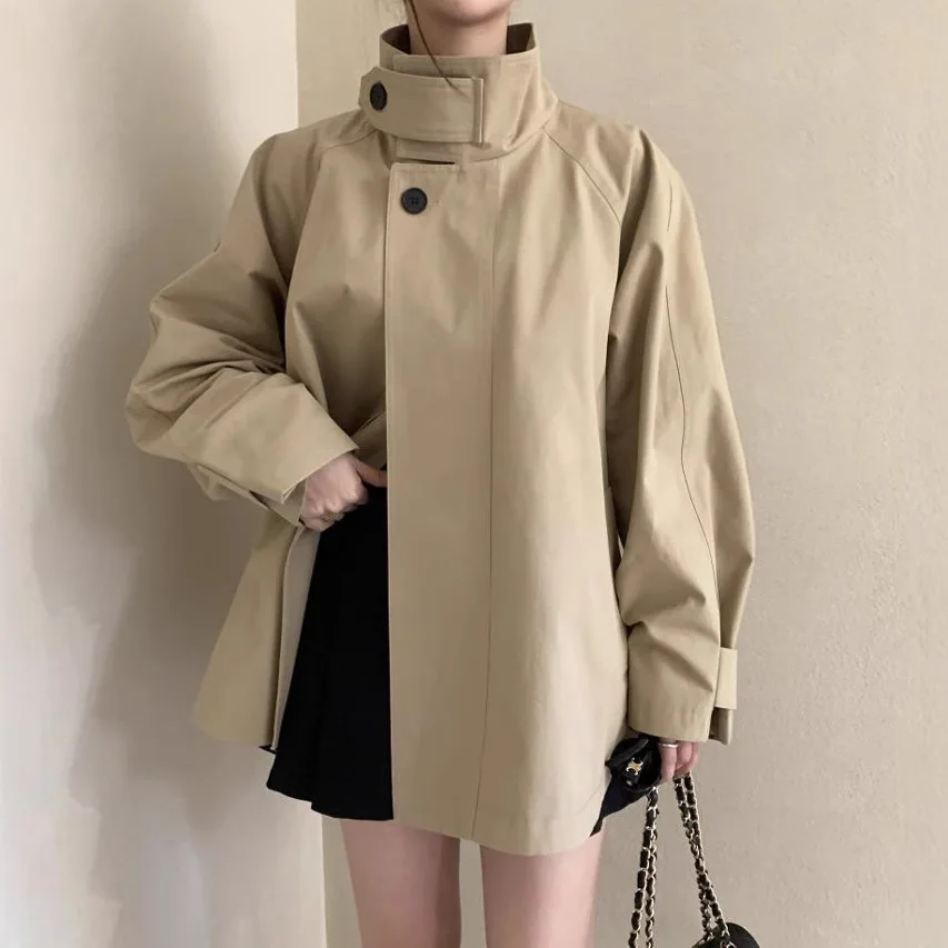 Korean Chic Loose Jackets Women Vintage Stand Collar Button Windbreaker Autumn Casual Coats Chaquetas Mujer