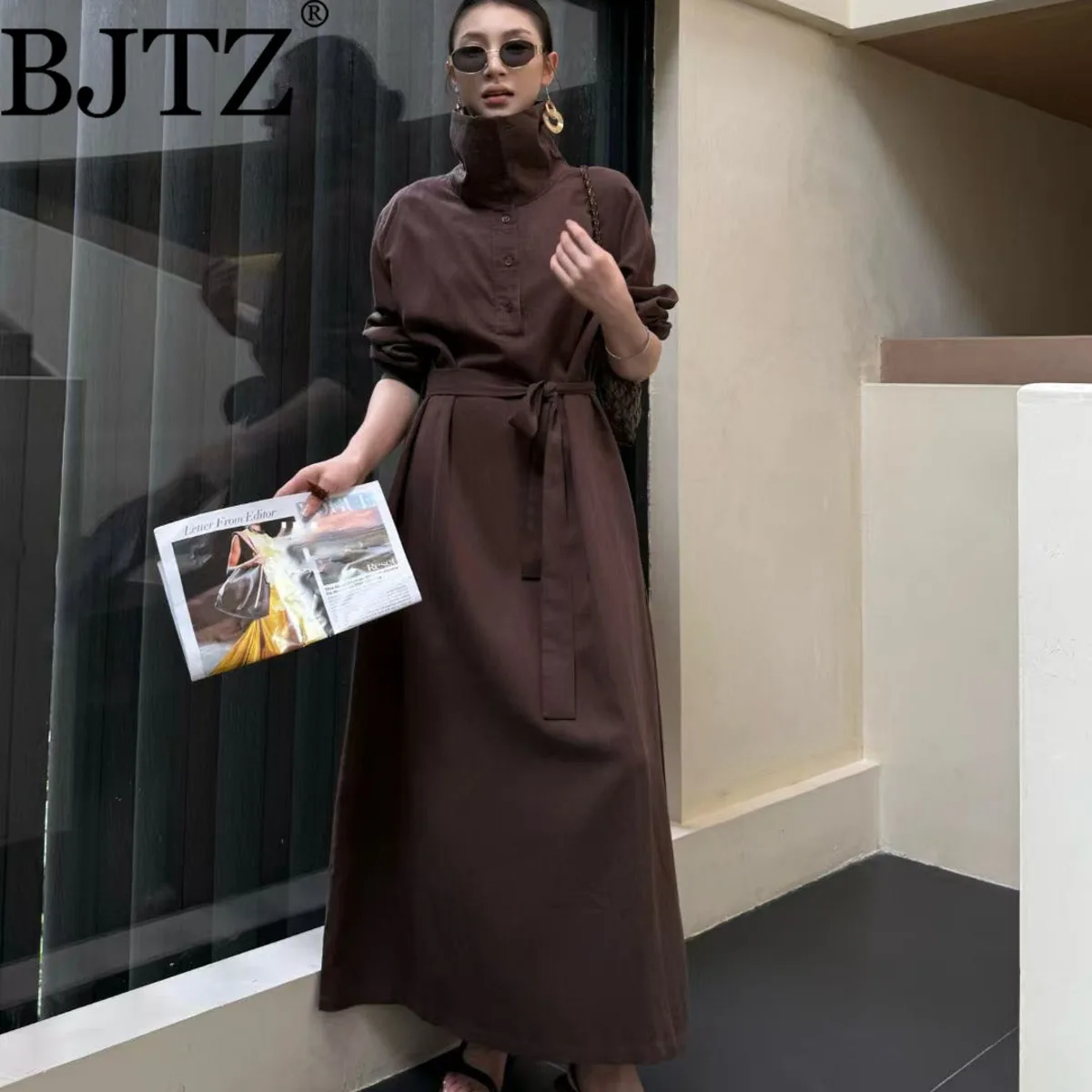 BJTZ Mantel Hujan Modis Pakaian Jalanan Longgar Wanita Kantor untuk Wanita 2025 Jaket Penahan Angin Pinggang Berenda Baru Musim Semi Musim Gugur