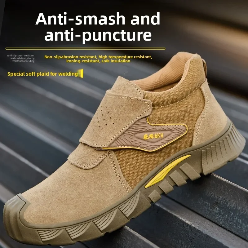 Men Steel Toe Safety Shoes Suede Velcro 6KV Insulation Anti Smash Anti Puncture Heat Resistant Welding Footwear Drop Shipping