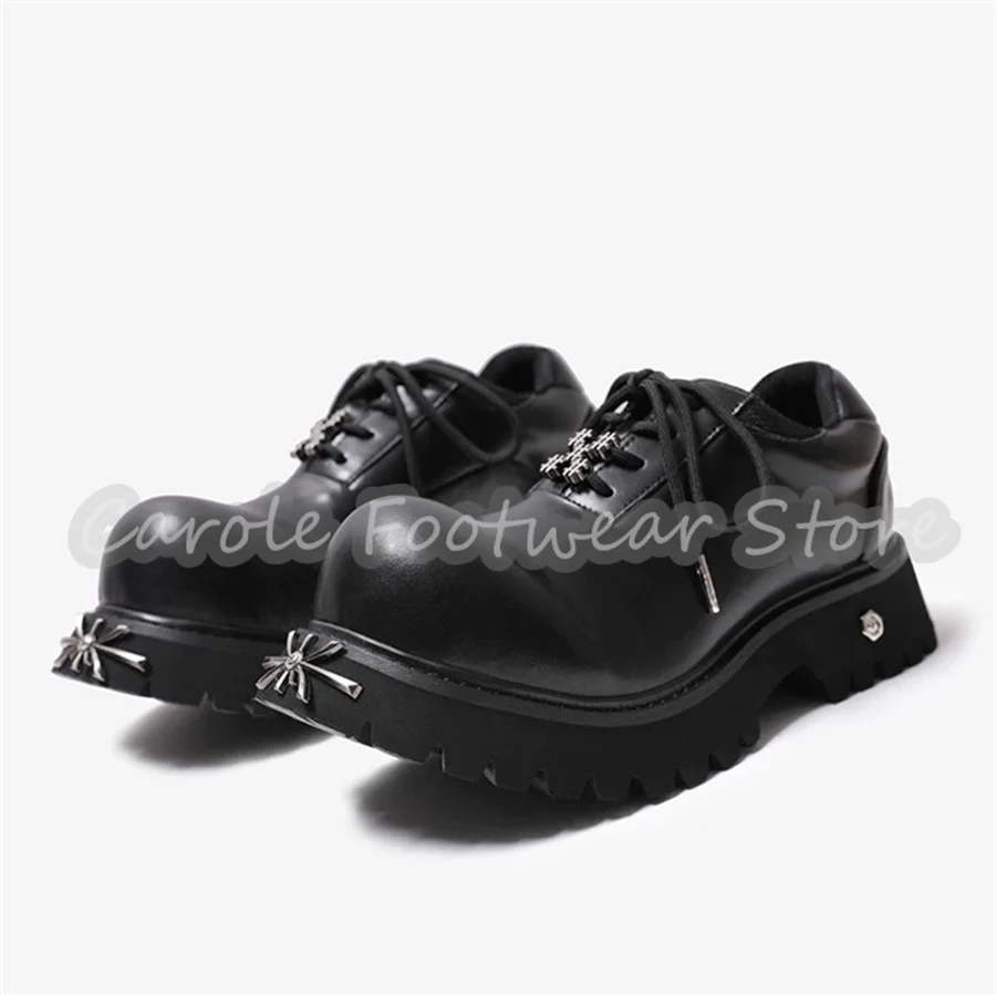 Punk Metal Decor Big Head Lace-Up Sneakers Male Chunky Bottom Height Increase Single Shoes British Style Leather Casual Shoes