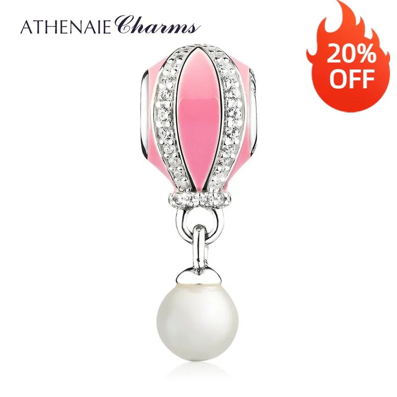 

ATHENAIE 925 Sterling Silver Pink Enamel & Clear CZ with Pearl Hot Air Balloon Charms Beads Fit Bracelet DIY Valentine's Day