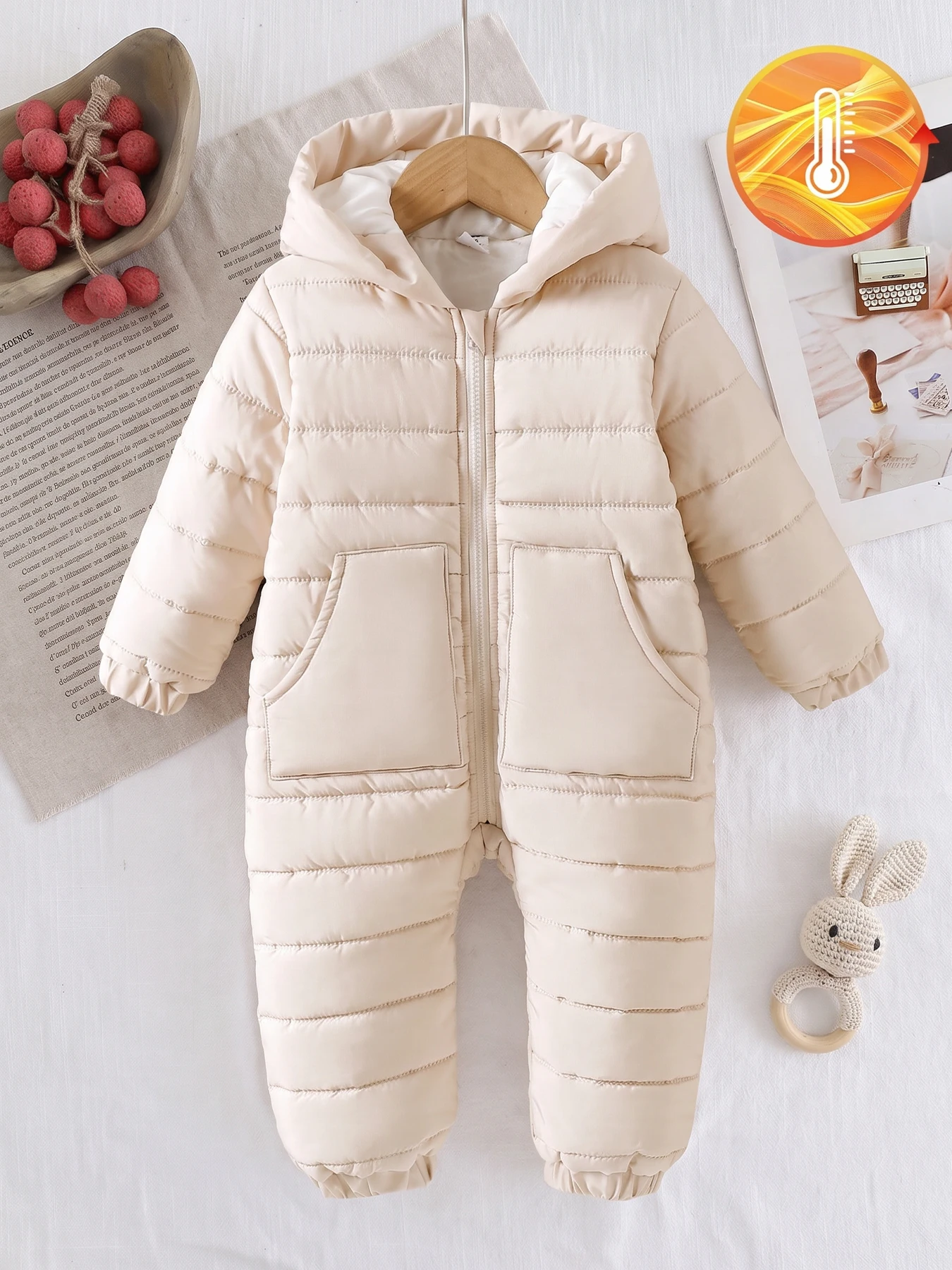 Baby Warm Hooded Snowsuit Solid Color Padded Winter Jumpsuit