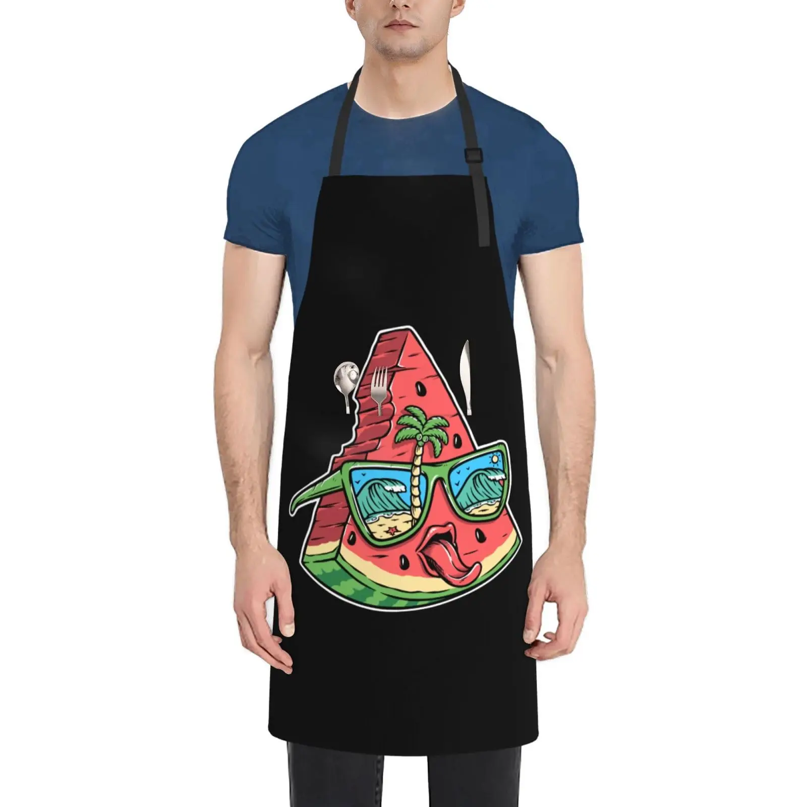 

Cute Watermelon And Beach Glasses Apron Adjustable Neck Aprons For Men Women With Pockets Waterproof Aprons