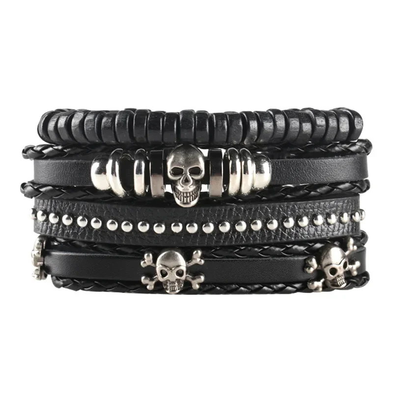 4/5/6pcs Evil Eye Wing Star Skull Diy Braided Punk Style Bracelet Set, Featuring Pu Leather And Beads Bracelet