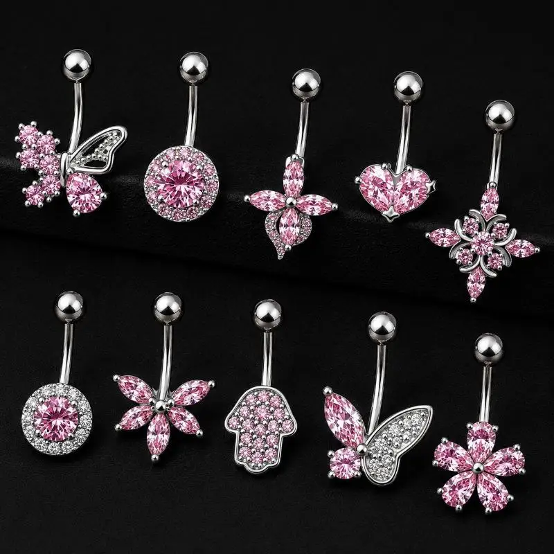 Belly Button Rings Personalized Butterfly Flower Custom Crystal Charm Stainless Steel Navel Barbell for Unique Looks