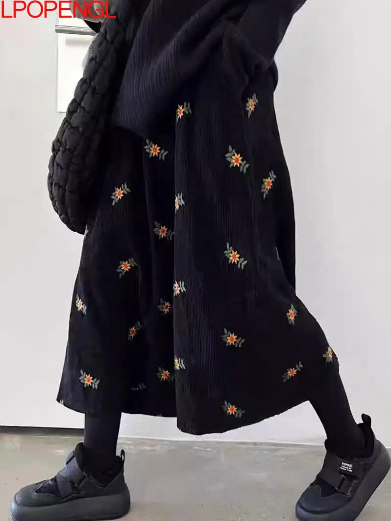 Fashion 2025 Retro Corduroy Embroidered Skirt Women's Autumn And Winter Thick Umbrella High Waist A-line Flower Bud Long Skirt