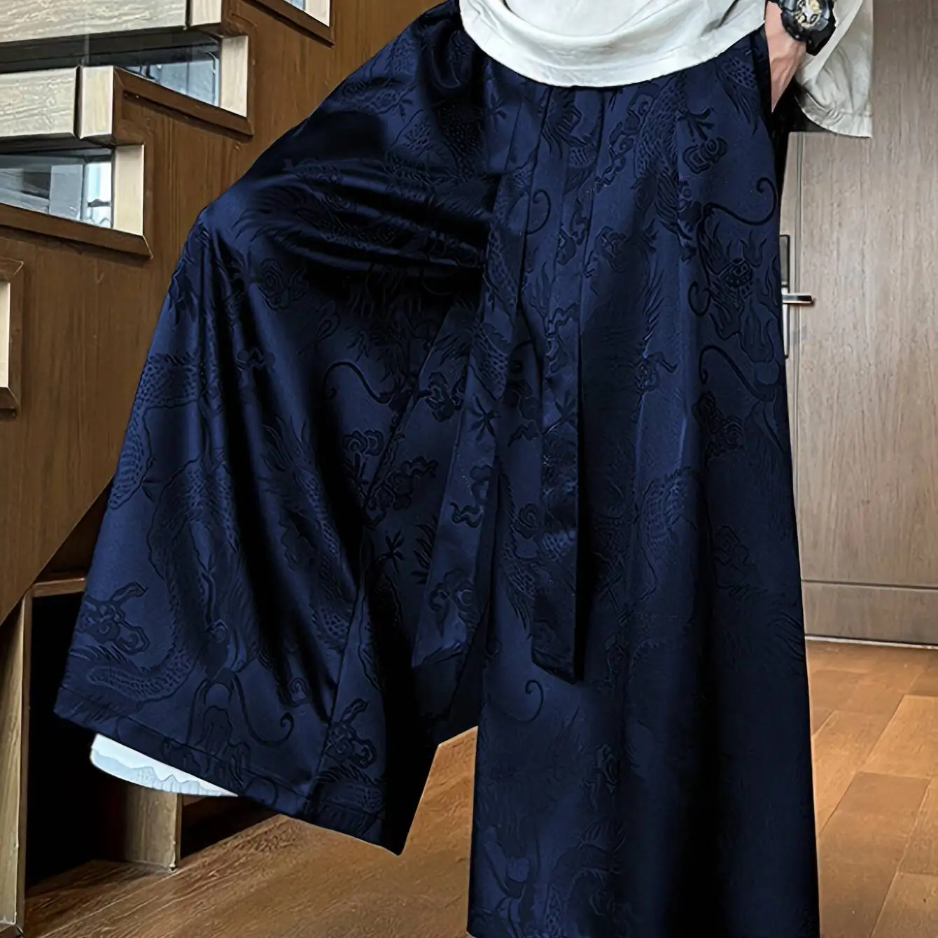 Men's Hanfu Pants Dragon Pattern Ice Silk Jacquard Casual Wide-Leg Trousers Retro Chinese Wushu Fashion Clothing