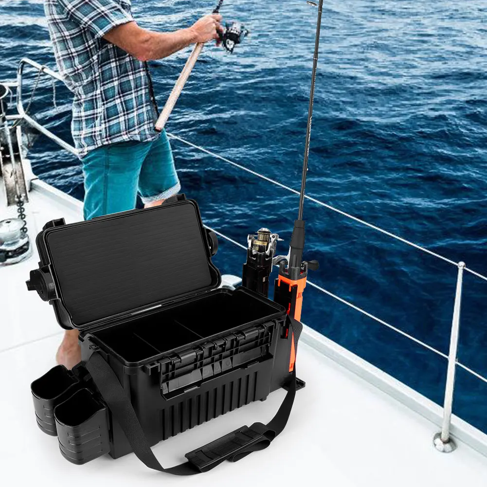 

2 Tier Fishing Tackle Box Fishing Gear Box with Cup & Rod Holder Fishing Box 11 L Fishing Tool Box Adjustable for Fishing Lovers