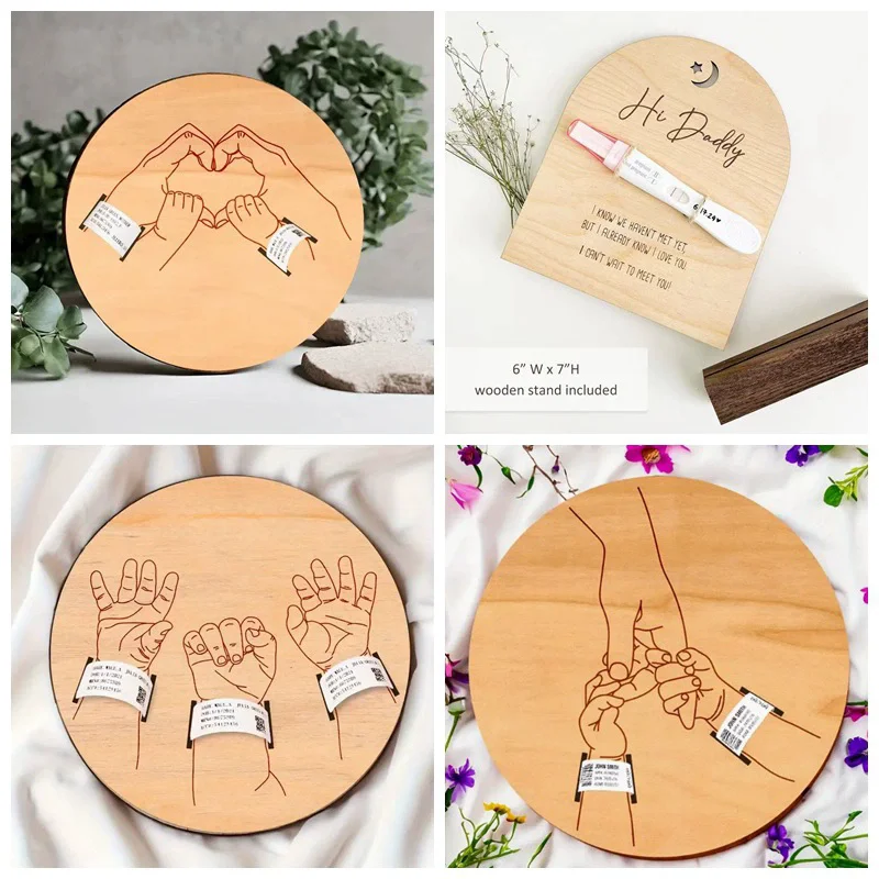 Nouveau bracelet de naissance en bois pour bébé, carte souvenir commémorative, logo rond en bois