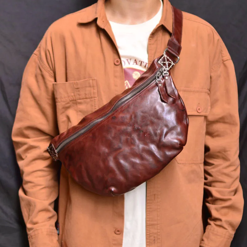 

AETOO Commuter casual cowhide top layer leather plant tanned bag Hand vintage fold zipper Hand zipper large capacity Fanny pack