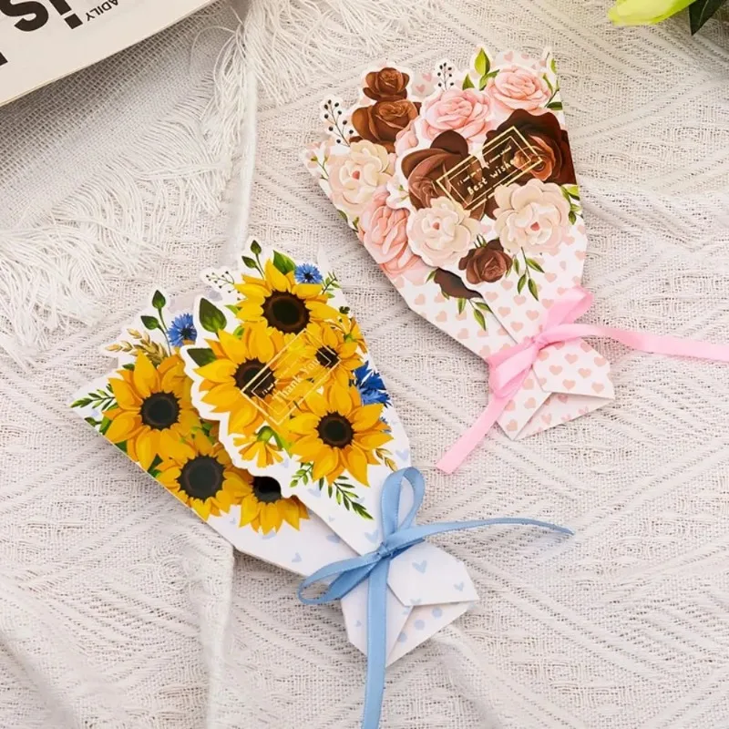 3D Bouquet Bow Hot Stamping Greeting Card Mother's Day Valentine's Day Christmas Blessing Thank You Gift Message Small Card