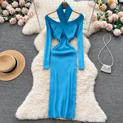 Autumn Winter Women Long Dress Elegant Halter Slim Waist Knitted Bodycon Dress Korean Office Lady Sweater Dresses Vestidos