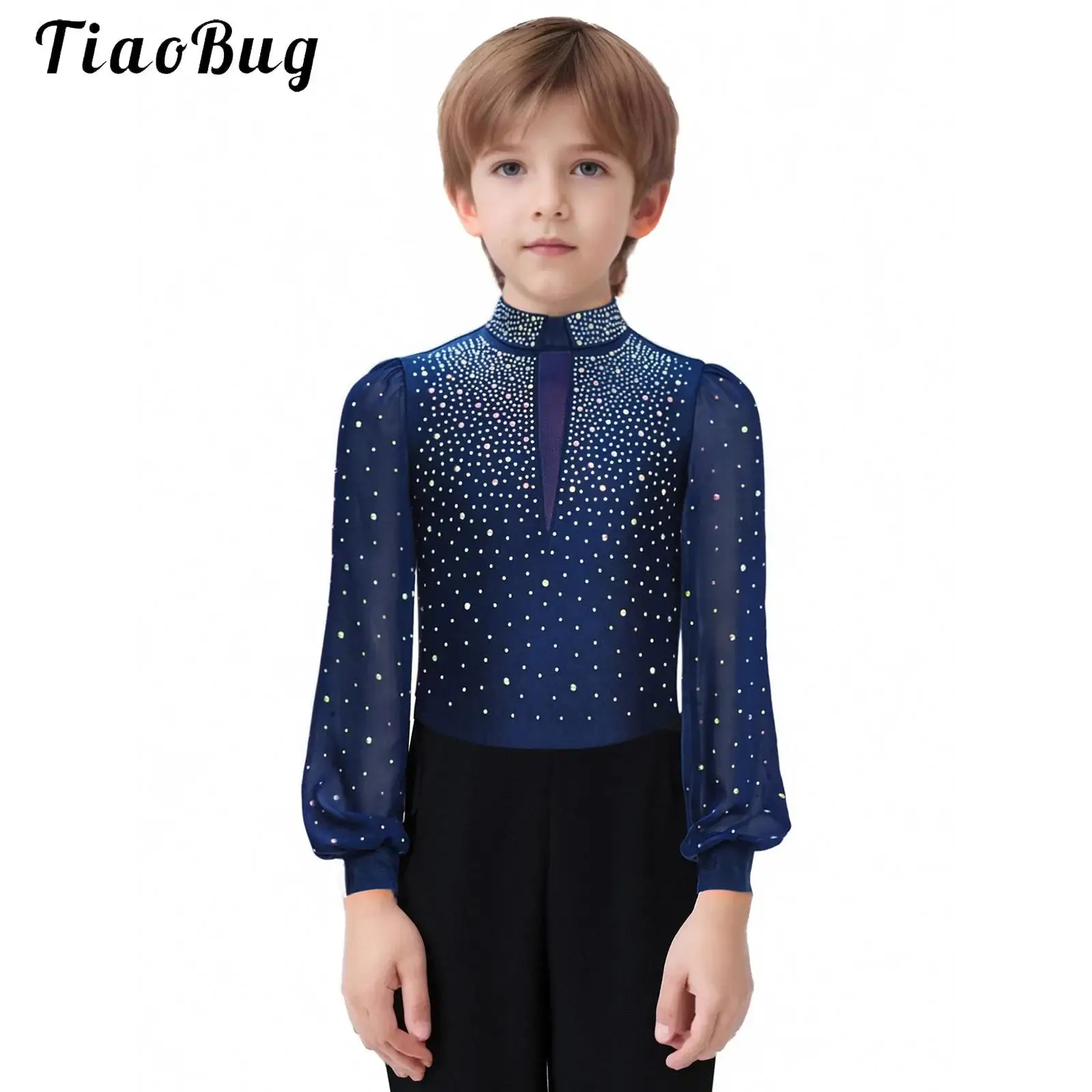 Kids Boys Rhinestone Figure Skating Leotard Gymnastics Jumpsuits Long Sleeve Figure Skating Ballroom Rumba Latin Dance Shirt