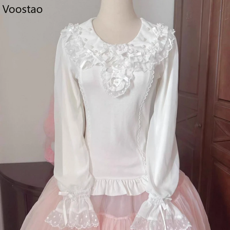 النمط الياباني Kawaii لوليتا بلوزة المرأة لطيف القوس الدانتيل الكشكشة بيتر بان طوق قمصان طويلة الأكمام الحلو الأميرة Blusas القمم #3