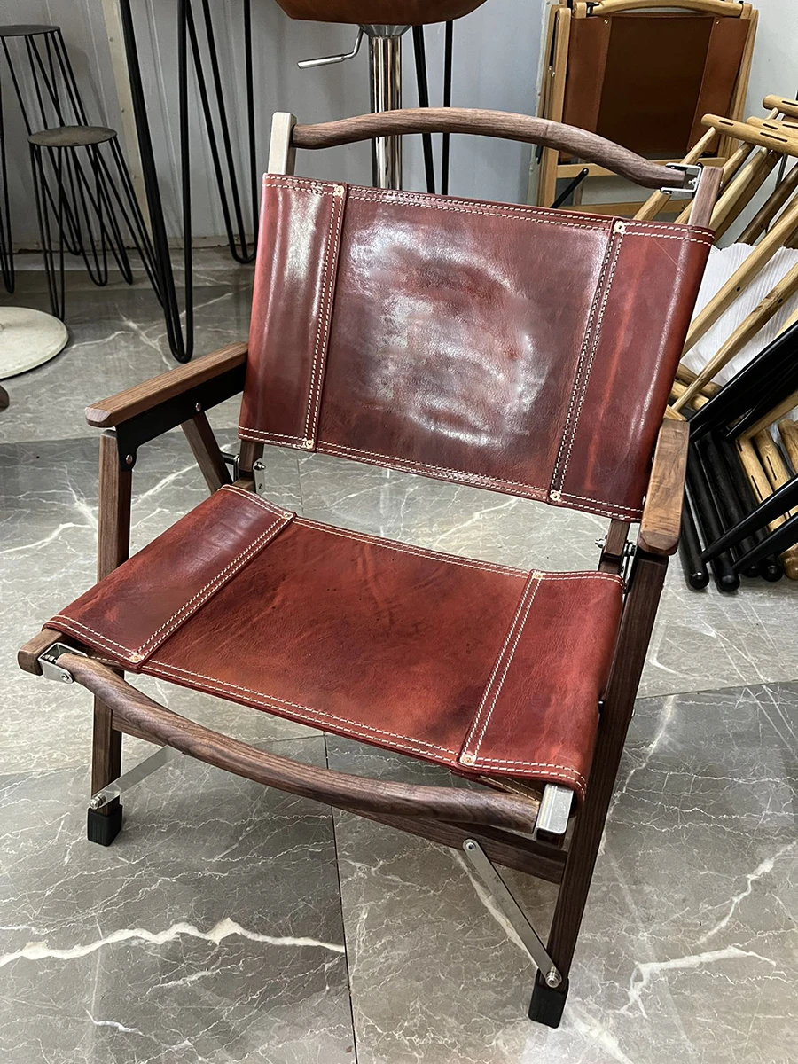 Kursi malas bangku beech lipat kulit sapi