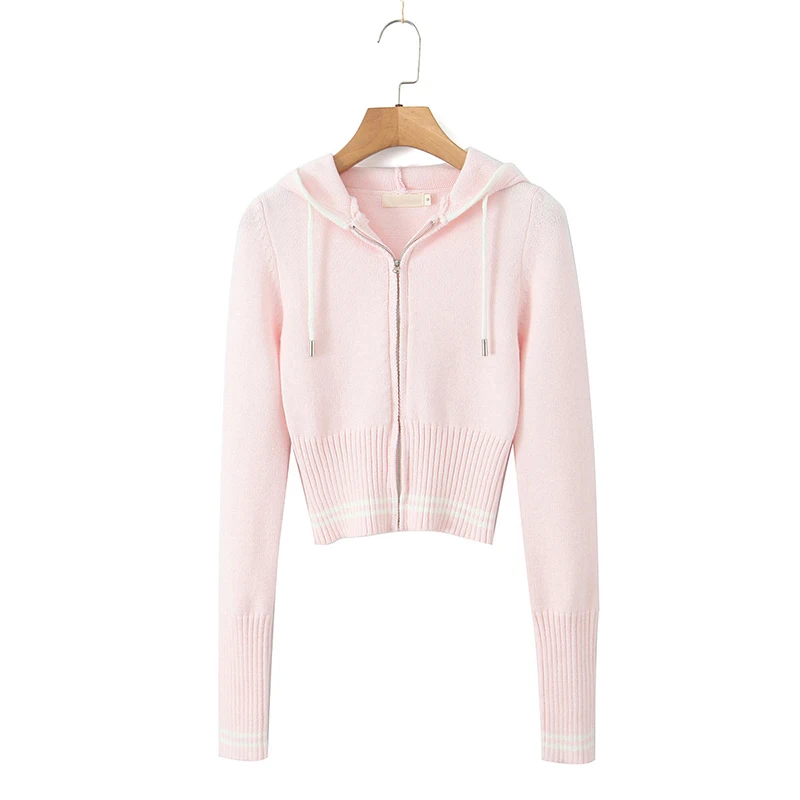 Sexy Women Pink Hooded Crop Knit Cardigan Coat Long Sleeve Slim Autumn Sweater Outfits