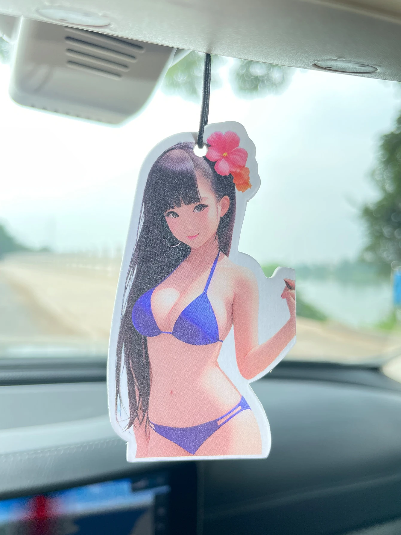 Anime Black Hair Hibiscus Flower Blue Bikini Girl Car Air Freshener, Natural Plant Extract Scent, Alcohol-Free, Long Lasting 60-