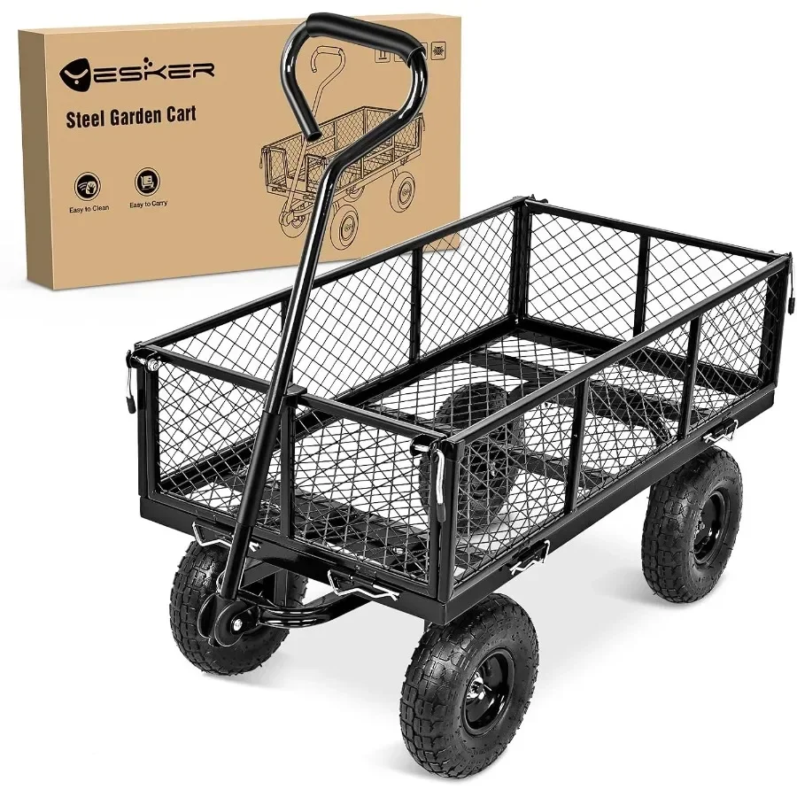 Steel Garden Carts - 800lbs Dump Wagon with All Terrain Inflatable Wheels for Yard Lawn Farms Gardening - Heavy Duty Utility Ou