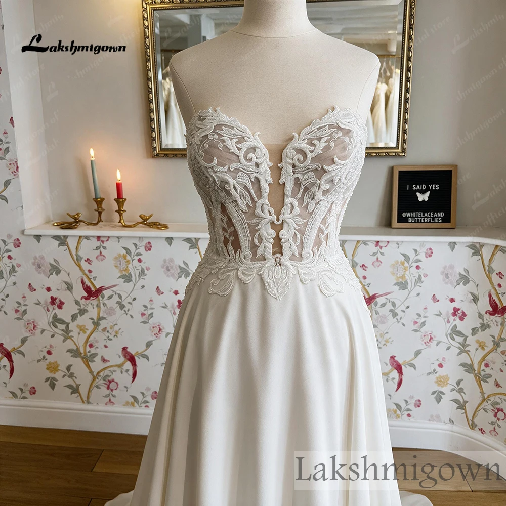 Lakshmigown Bohemian Trägerlose Hochzeitskleider Transparentes Korsett-Oberteil Perlenbesetzte Spitzenapplikationen Chiffon A-Linie Hochzeitskleider Maßanfertigung – Detail 7