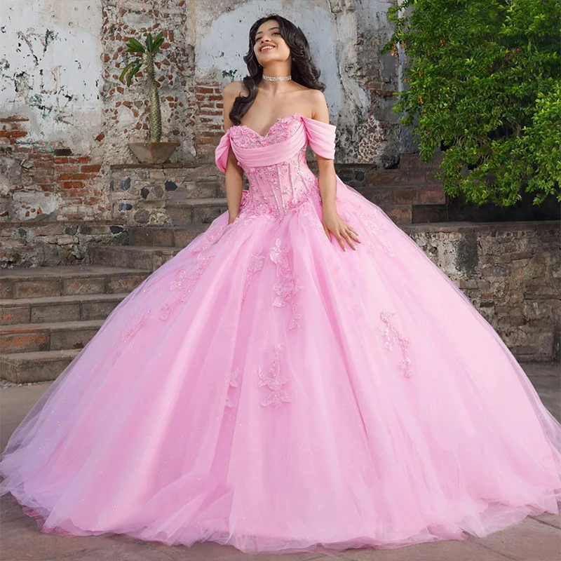 

Baby Pink Quinceneara Dress Embroidered Lace On Net With Sequins Ball Gown Sleeveless Boat Neck Customized Prom Vestido De Noche