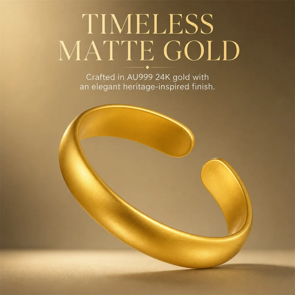AU999 24K Solid Vintage Matte Wide Plain Open Cuff Bangle, Adjustable Stackable Women Gold Bracelet Wedding Jewelry Gift