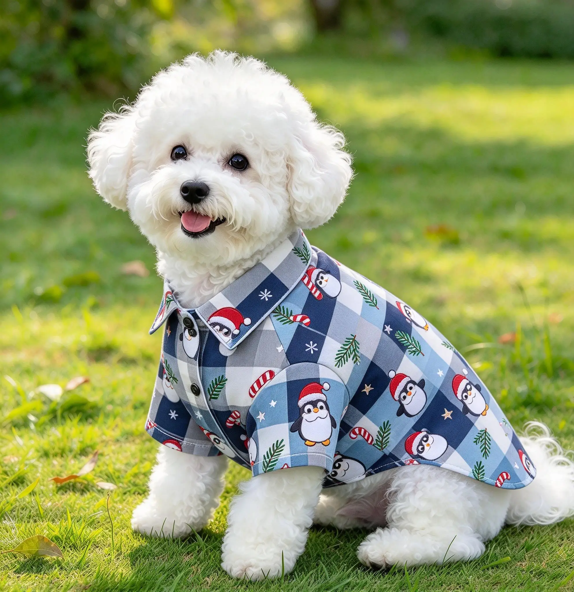 Pet Christmas Plaid Collared Shirt For Cats & Dogs, Santa Reindeer Penguin Print Short Sleeve, Festive Clothing.