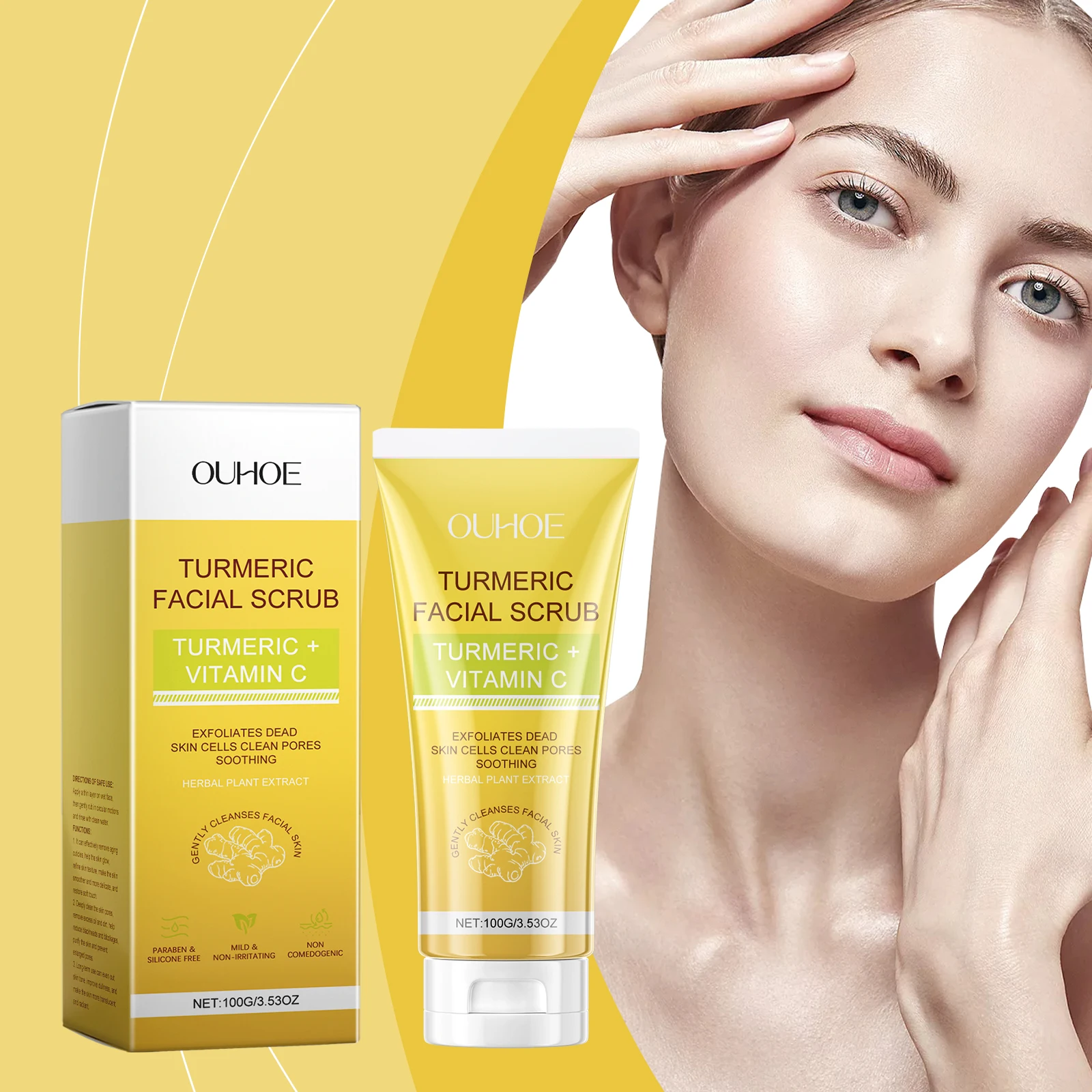 Gommage visage au curcuma et à la vitamine C – Gommage exfoliant pour le visage 100 g/3,53 oz pour éclaircir, nettoyer en profondeur les pores, élimination des peaux mortes