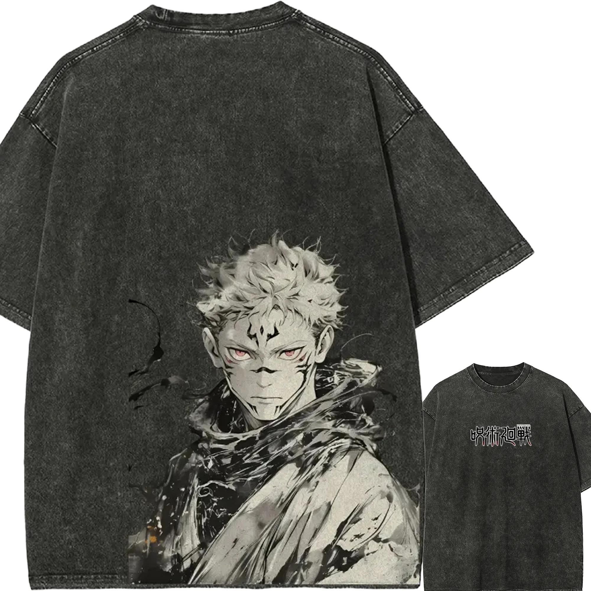

Ryomen Sukuna T Shirt Jujutsu Kaisen Men Acid Wash Sukuna Face Red Eyes King of Curses Anime Streetwear Tee