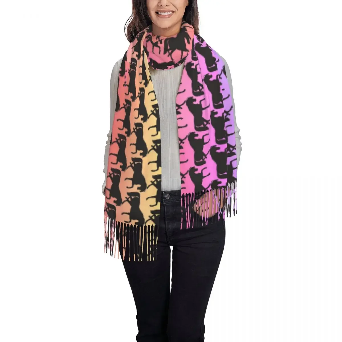 Horse Silhouette Scarf with Tassel Sunset Rainbow Warm Soft Shawls Wrpas Unisex Design Large Scarves Winter Cool Bufanda Mujer