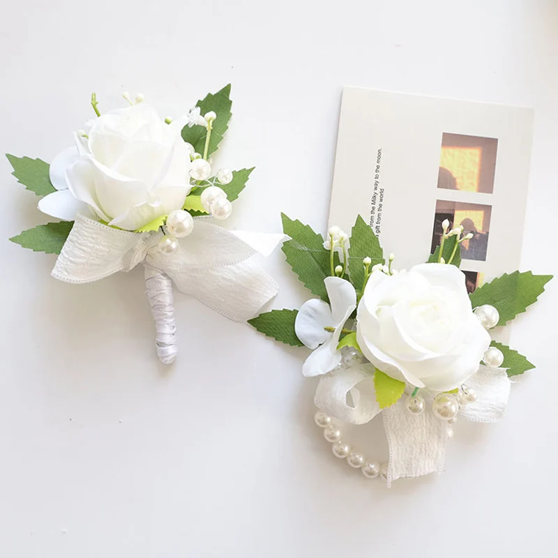 25038 Boutonniere de flor rosa bohemia blanca y ramillete de muñeca perfecto para novias, padrinos de boda y decoraciones de boda