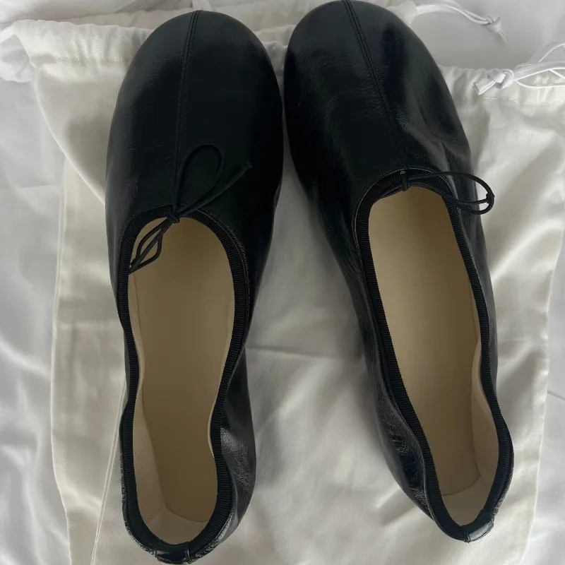Women's Soft Wrinkle Leather Ballet Flats Round Toe Bow Decor Slip‑On Shoes comfort Minimalist Casual Daily Commuter Flat Shoes