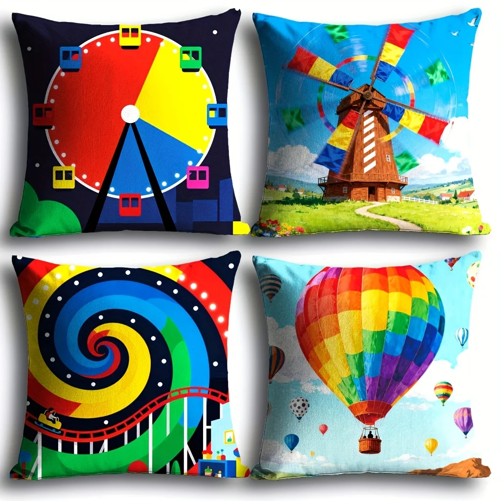 Whimsical Pillowcase Set Carnival Rainbow Balloon Roller Coaster Fun Theme Print Throw Cover for Home Decor Novelty