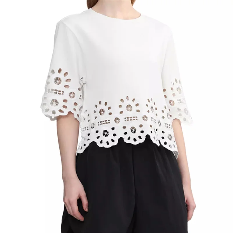 

T-shirts 2024 Summer New Fashion Hollow round neck Short sleeved Top Flower embroidered pure cotton pullover y2k Women's t-shirt
