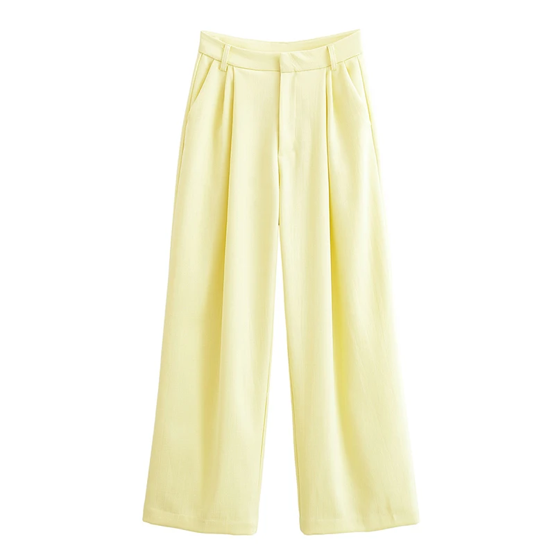 YENKYE Women New Fashion Office Wear Yellow Pleated Wide Leg Pants Mid-rise Loose Casual Autumn Trousers