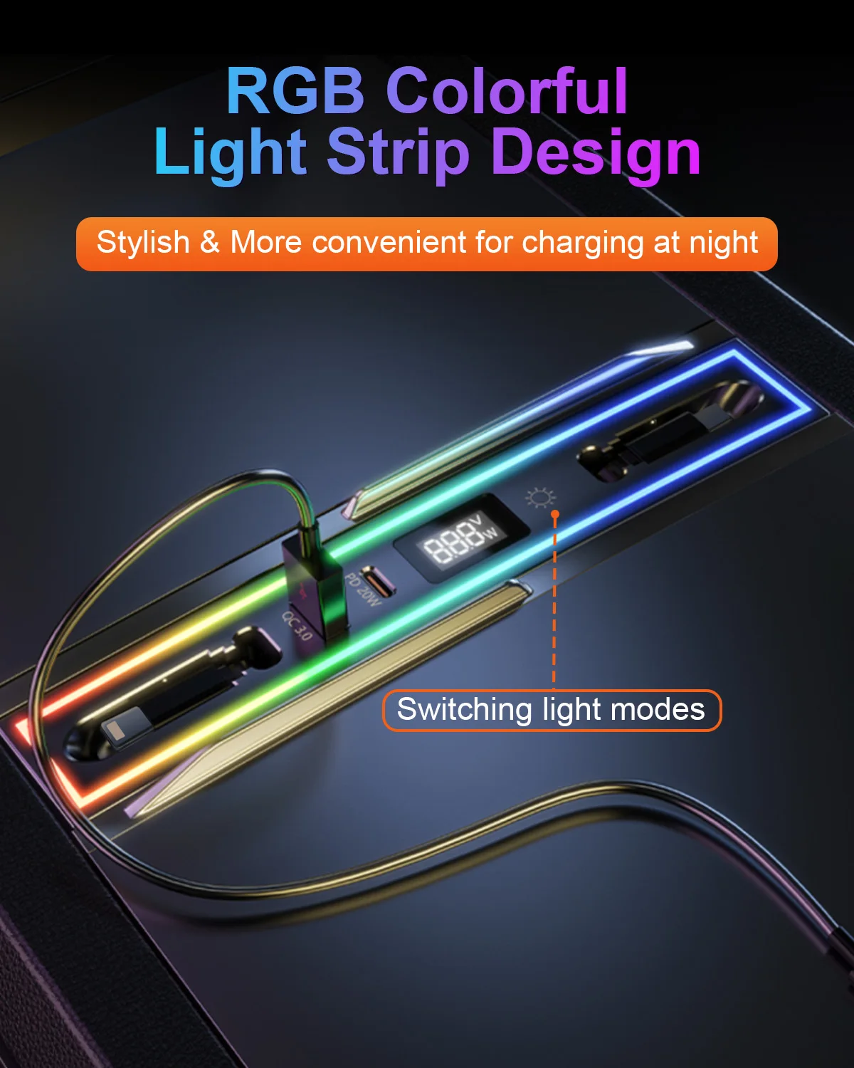 Eary USB Hub for Tesla Model 3 Y Highland Fast Charger Retractable Docking Station with RGB Lighting Fast Charging Data Cables
