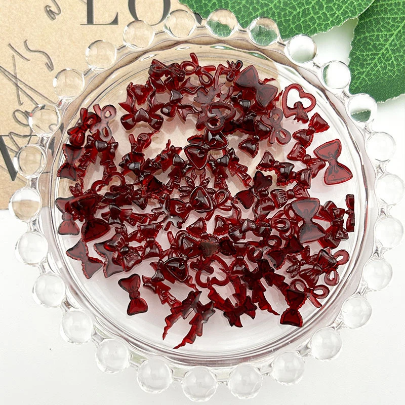 20Pcs Wine Red Resin Bow Nail Charm Bulk Mix Size 3D Ribbon Bowkont Mini Kawaii Nail Art Accessories DIY Cute Nails Decorations