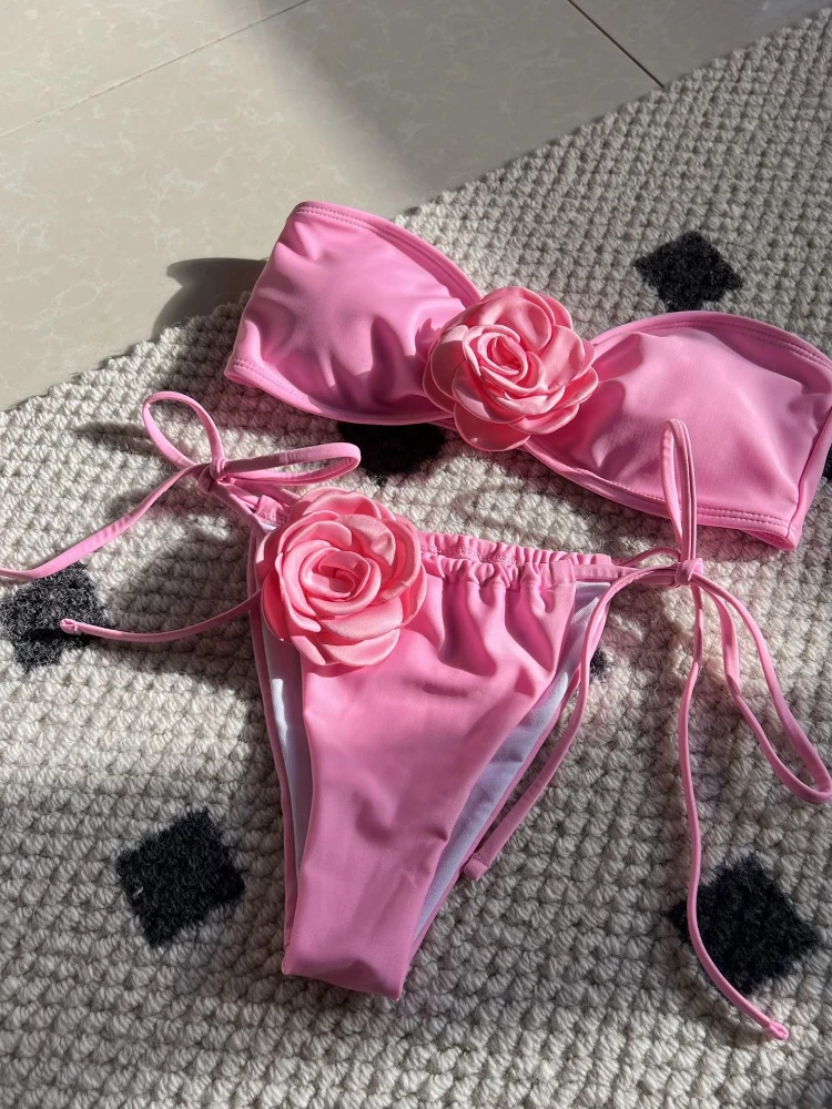 

Новинка 2025, комплект микро бикини бандо с цветочным принтом, сексуальные женские купальники, бразильское бикини, однотонная пляжная одежда, купальный костюм, топы из двух предметов
