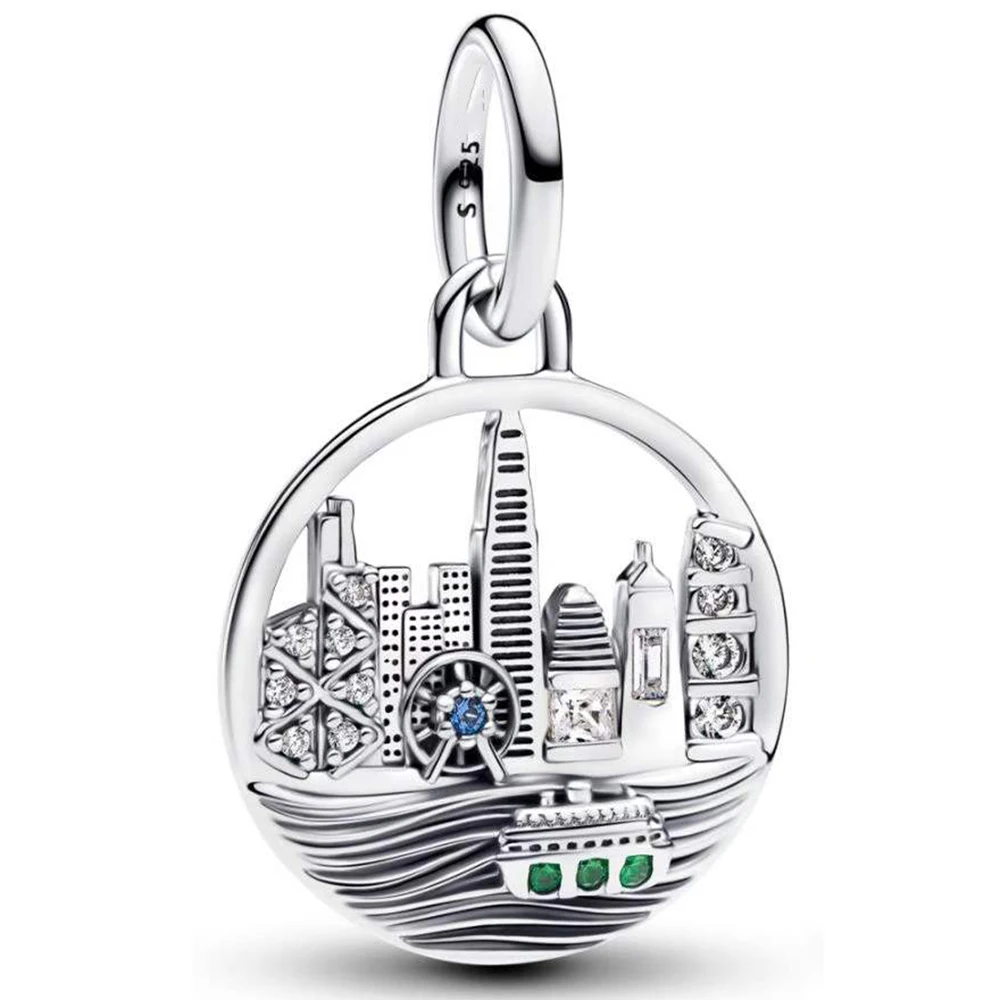 925 Sterling Silver Bead Hong Kong New York Las Vegas Skyline Dangle Charm For Fashion Women Bracelet Bangle Gift DIY Jewelry