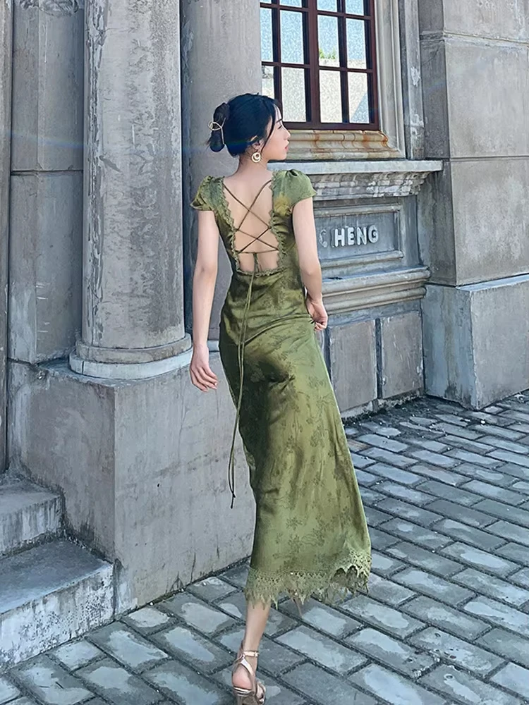 2026 New Summer Women's Long Dress Turquoise Green V-neck Backless Satin Jacquard Slim Elegant Party Evening Sexy Female Dresses