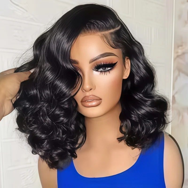 18 Inch Brazilian Short Body Wave Bob Human Hair Wigs 250 Density Pre Plucked Natural Hairline 13x4 HD Transparent Lace Frontal Wigs Soft Real Human Hair Lace Front Bob Wigs For Women Daily Makeup Party Styling