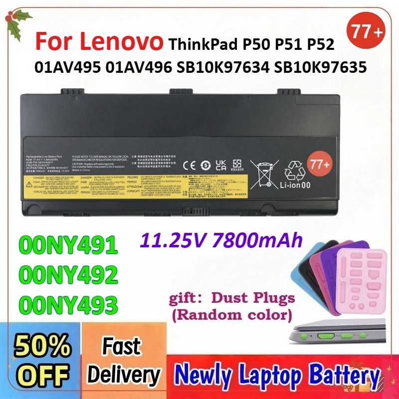 7800mAh 01AV477 00NY491 00NY492 00NY493 77+ Laptop Battery for Lenovo ThinkPad P50 P51 P52 01AV495 01AV496 SB10K97634 SB10K97635