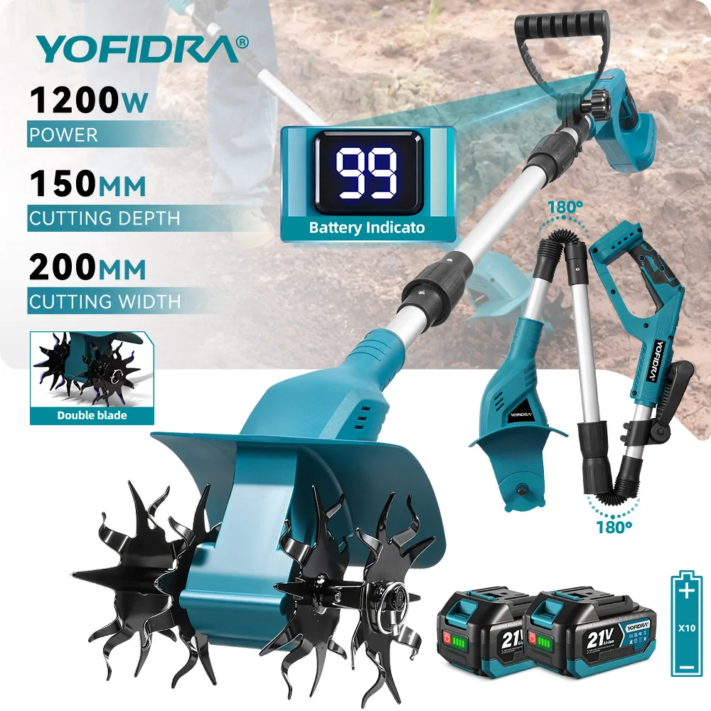 YOFIDRA Elektrische Gartenfräse, kabelloser Bodenlockerer, Gartenwerkzeug für Makita 21V Akku